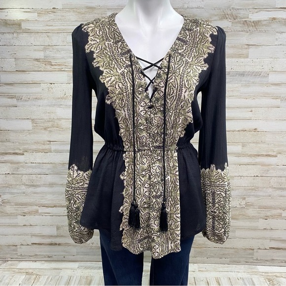 Free People Wildest Moments Tunic Top Womens Size XS Black Olive Lace Up Tassel - Picture 3 of 15